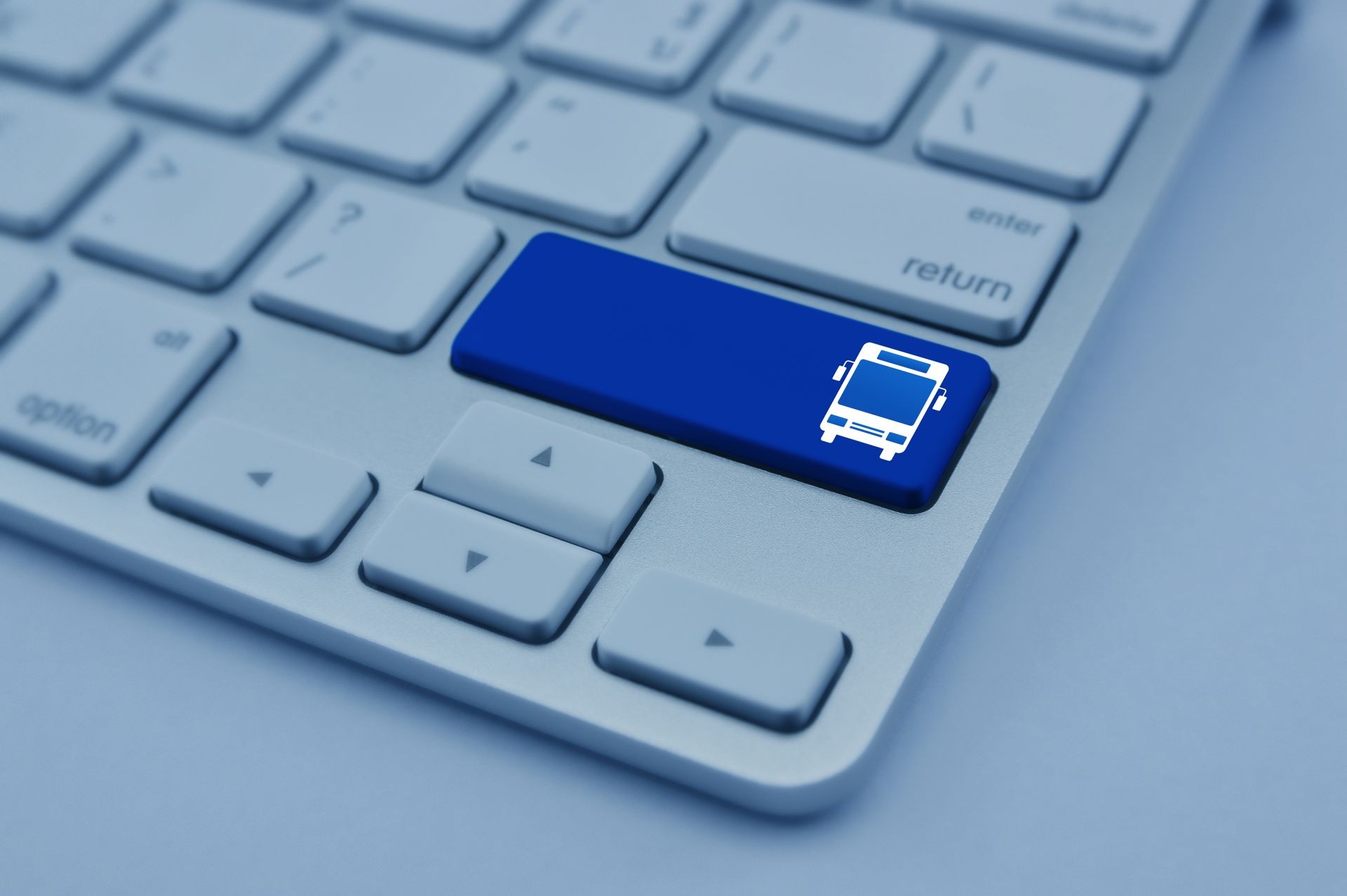 Bus flat icon on modern computer keyboard button, Internet business transportation service concept